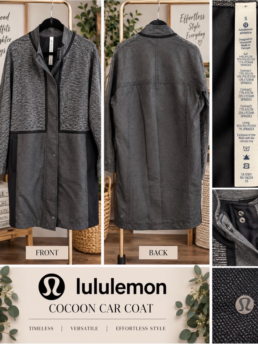 lululemon athletica Men’s Cocoon Car Coat — Black & Gray